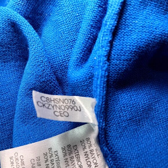 Calvin Klein Mock Neck Sweater Blue Gold Buttons Rayon Knit Top Sz M - Picture 13 of 14
